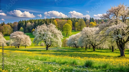 Fototapeta Naklejka Na Ścianę i Meble -  Spring meadow with flowers among trees in Masuria, Poland , spring, meadow, flowers, trees, hornbeam, forest, Babadag, May