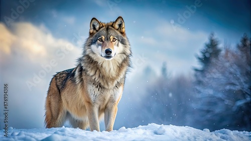 Award-winning, vibrant winter biography of dominant wolf pose, showcasing its power and elegance, animation, style, award-winning photo