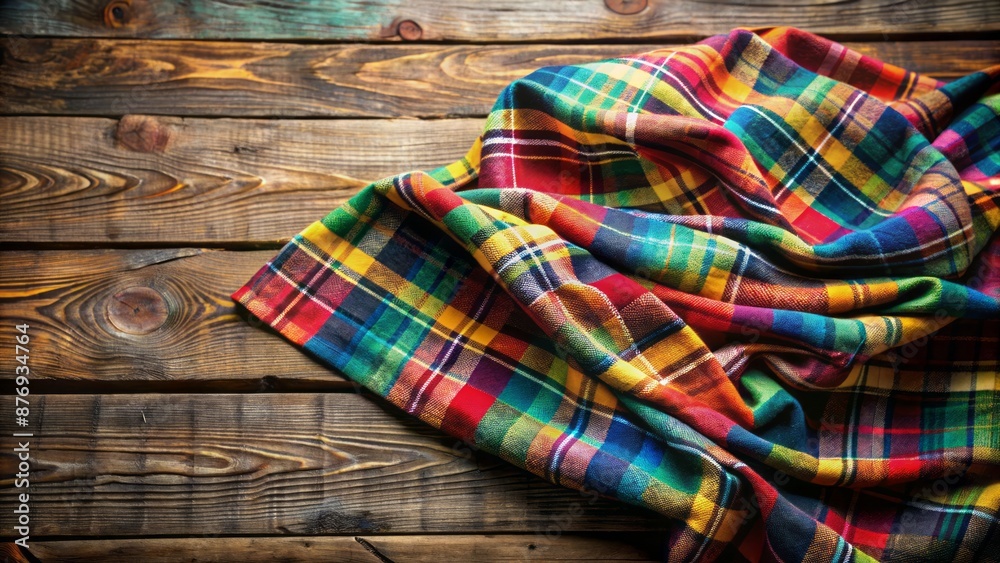 Vibrant multicolored plaid fabric draped elegantly over a rustic wooden table, subtle wrinkles adding natural texture to the still life scene. Vibrant multicolored plaid fabric draped elegantly over a rustic wooden table, subtle wrinkles adding natural texture to the still life scene.