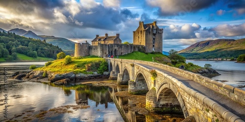 A stone bridge leads to Eilean Donan Castle in Scotland UK , bridge, Donan, stone, leads photo