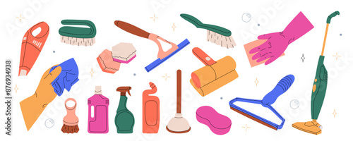 Cleaning equipment. Chemical detergents, sponges for washing, household tools, bottles, gloves, accessories, composition of things. Household goods. Flat vector illustration on white background