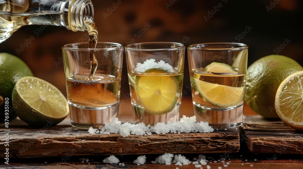 A rustic setting of three tequila shots on a wooden table, each garnished with lime and salt, surrounded by sliced and whole limes, evoking a lively party atmosphere. A rustic setting of three tequila shots on a wooden table, each garnished with lime and salt, surrounded by sliced and whole limes, evoking a lively party atmosphere.