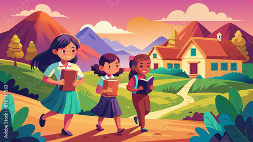 Happy Children Walking to School on a Bright Morning