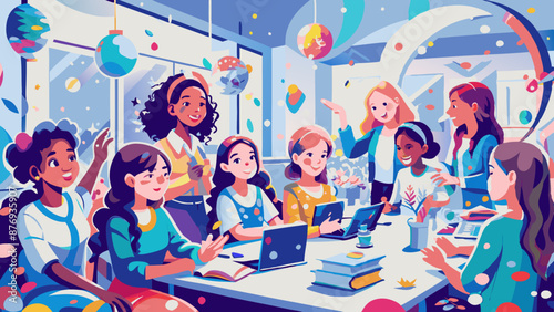 Colorful Illustration of Diverse Women Engaged in Creative Office Workshop