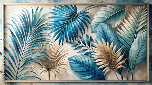 Blue And Gold Tropical Leaves. photo