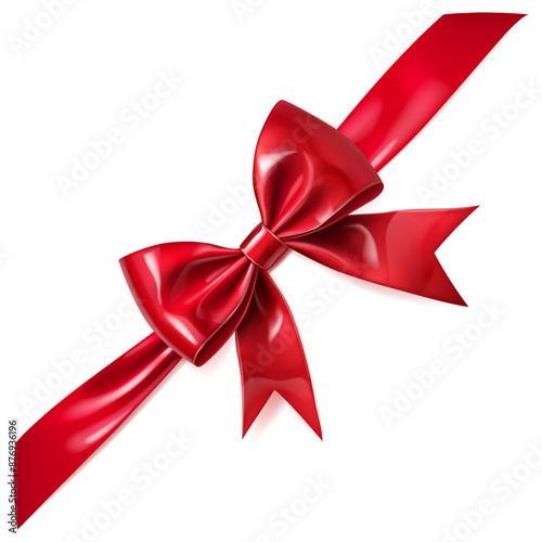 Beautiful large red shiny bow with diagonal ribbon and soft shadow on white background. Vector illustration for design projects and creative works.