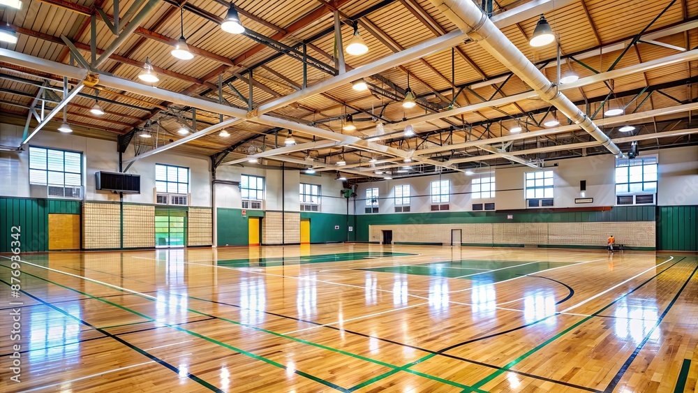 Naklejka premium Large empty school gym , gymnasium, school, interior, empty, sports, basketball, basketball court, exercise