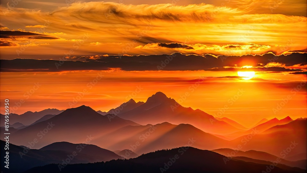Sunset casting a warm glow over a silhouette of mountains , sunset, landscape, mountains, nature, sky, clouds, dusk, outdoor Sunset casting a warm glow over a silhouette of mountains , sunset, landscape, mountains, nature, sky, clouds, dusk, outdoor