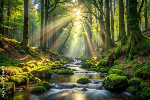 Enchanted Woods Sunbeams and Stream in Mossy Glade, Mossy, Enchanted, Sunbeams © tammanoon