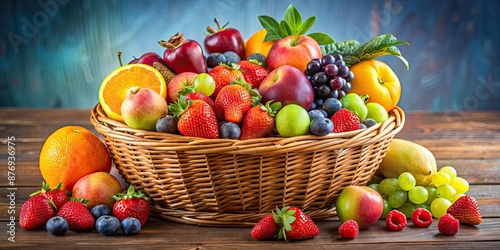 Fototapeta Naklejka Na Ścianę i Meble -  Fresh, vibrant and colorful fruits in a basket , fresh, fruits, vibrant, colorful, basket, healthy, organic, juicy