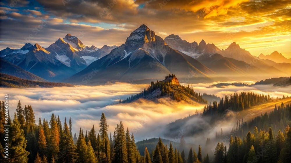 Obraz premium The Majestic Beauty Of A Mountain Landscape Is Captured In This Stunning Image. With Its Towering Peaks, Lush Forests, And Tranquil Waters, This Scene Is Sure To Take Your Breath Away.