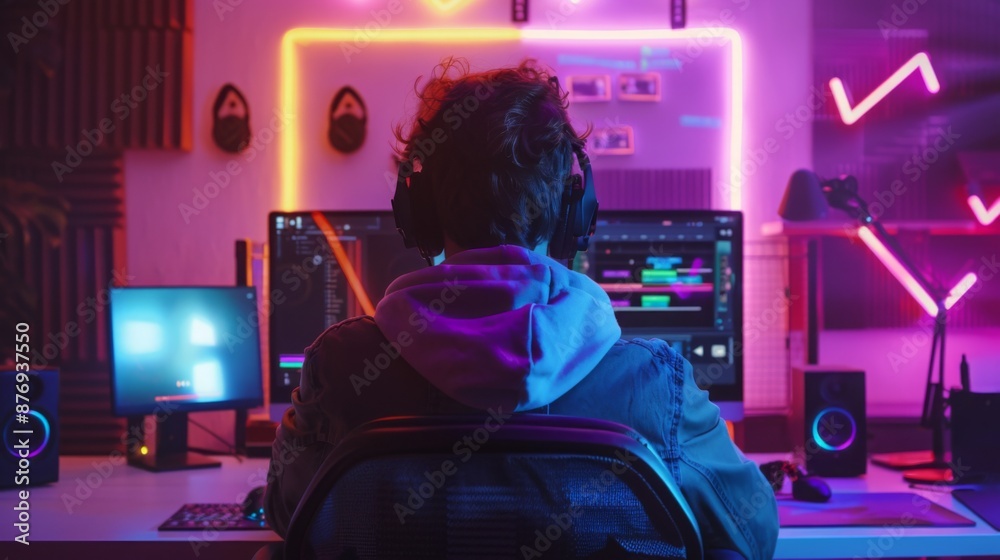 Obraz premium A gamer sits in front of a computer screen, wearing headphones, in a room illuminated by neon lights.
