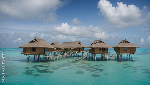 The image shows a tropical scene with several wooden bungalows on stilts over clear turquoise water, connected by a wooden walkway. There is a bright blue sky with fluffy white clouds.