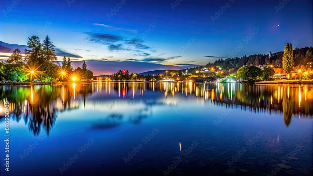 Obraz premium Night scene of the tranquil lake reflecting city lights on the water surface, night, view, lake, reflection, city lights