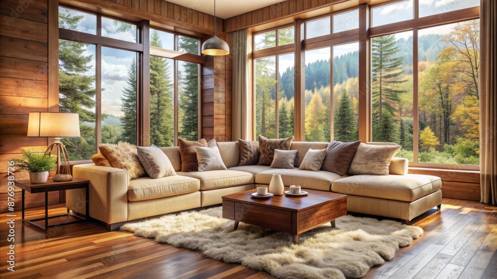 Warm And Inviting Living Room With A View Of The Forest. The Room Is Decorated In Neutral Colors And Has A Cozy, Rustic Feel.