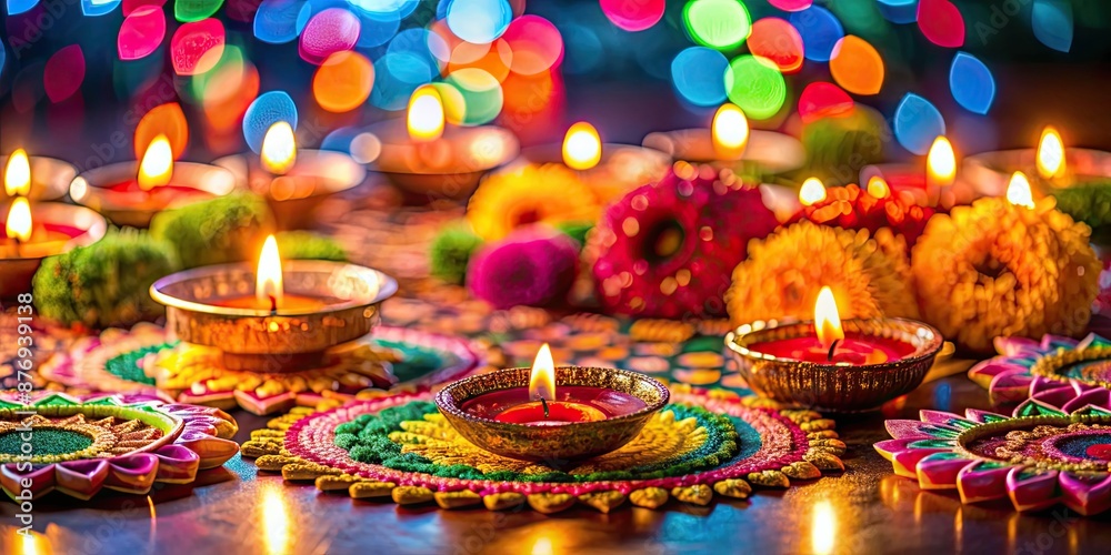 Fototapeta premium Vibrant Diwali festival decorations with colorful lights, candles, diyas, and rangoli, Diwali
