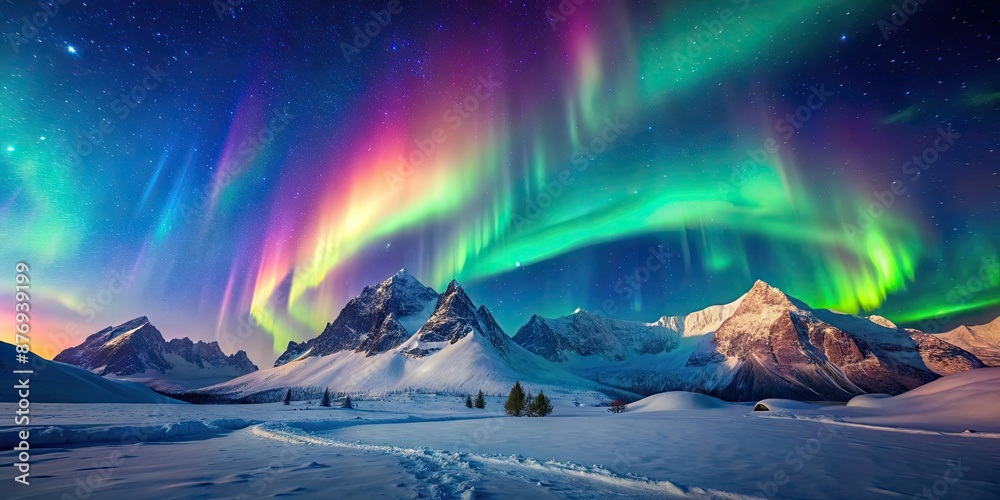 Naklejka premium Snowy mountains illuminated by colorful aurora borealis at night , winter, landscape, scenic, mountains, snow, northern lights