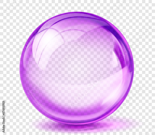 Large translucent shiny sphere of purple color with glare and shadow on transparent background. Vector illustration for design projects and creative works