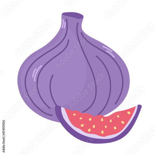 Fresh figs, cut slice with flesh and whole ripe fruit in purple skin. Healthy vitamin tropical food piece. Organic exotic eating. Flat vector illustration isolated on white background © PawLoveArt