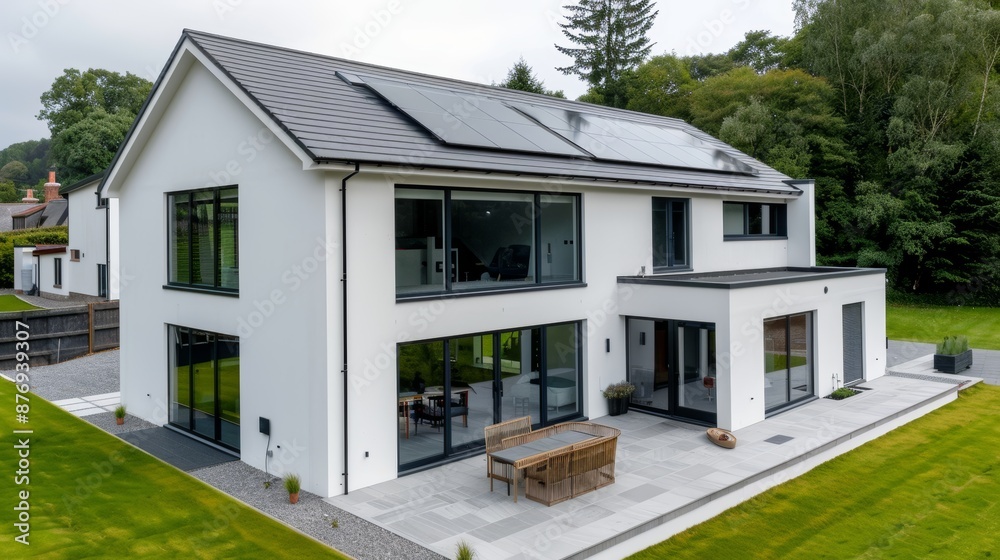 Residential property with a ground source heat pump system, demonstrating clean energy use, efficient and sustainable home heating Residential property with a ground source heat pump system, demonstrating clean energy use, efficient and sustainable home heating