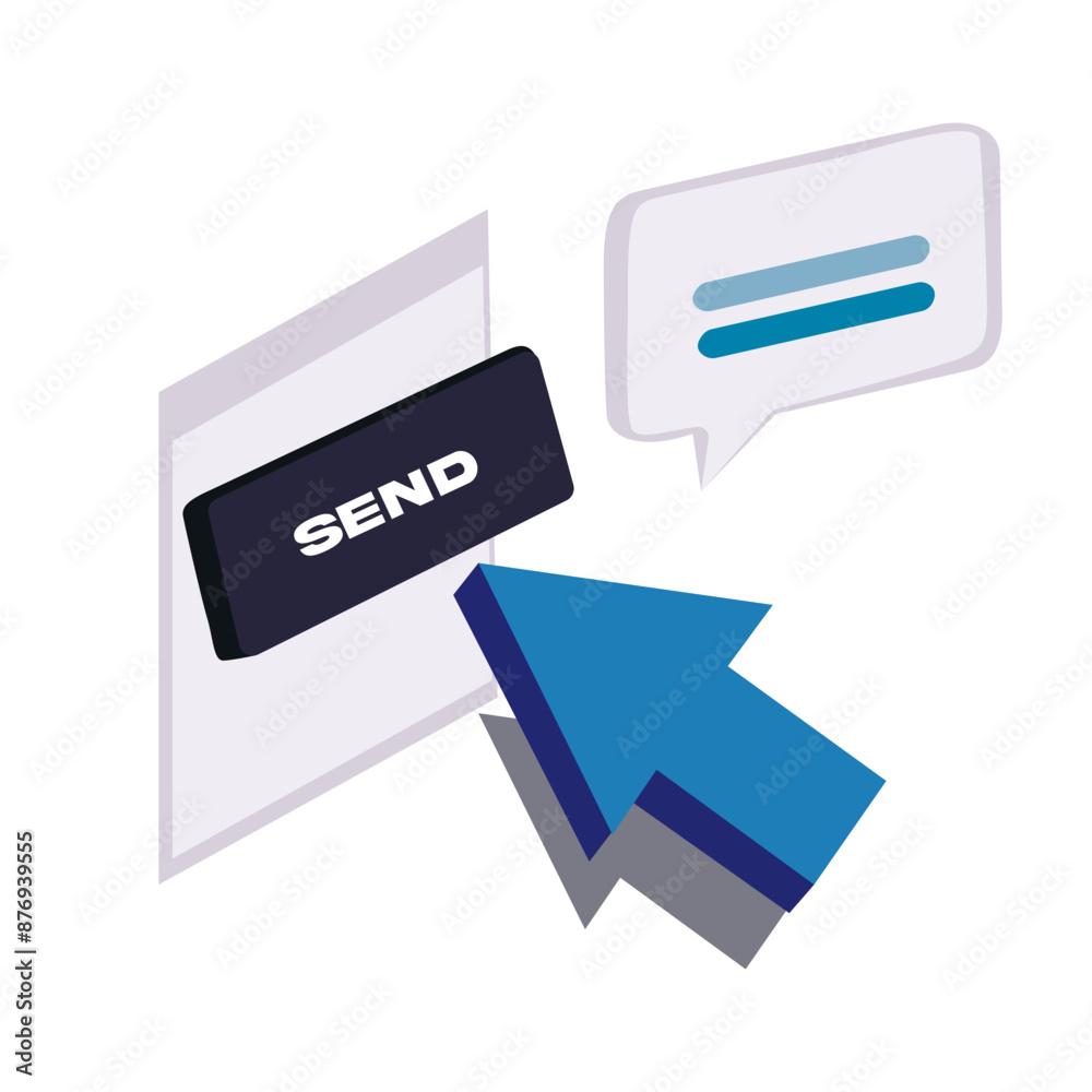 Click here vector icon. Black send button, blue pointing arrow and chat, dialogue icon on a white background. Social media concept Click here vector icon. Black send button, blue pointing arrow and chat, dialogue icon on a white background. Social media concept