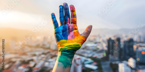 Wallpaper Mural A Hand Painted in Rainbow Colors Reaching Out Over a Cityscape at Sunrise Torontodigital.ca