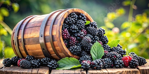 Barrel overflowing with ripe blackberries , Fresh, juicy, fruit, organic, harvest, farmers market, natural, healthy, delicious photo