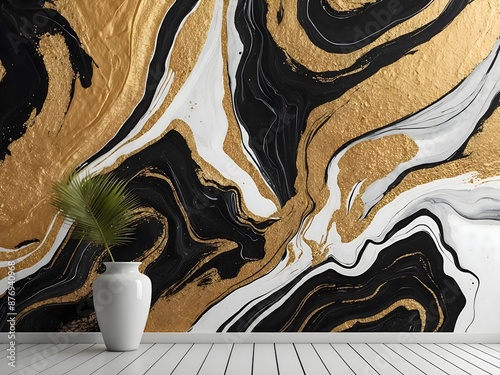 An abstract wall in black, white and gold colors, a white flower pot placed next to the wall photo