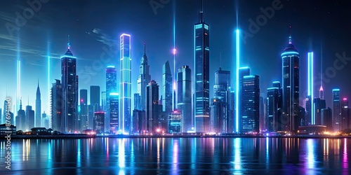 Futuristic skyline with neon lights glowing against dark sky, futuristic, skyline, neon, lights, glowing, dark, city © Sujid