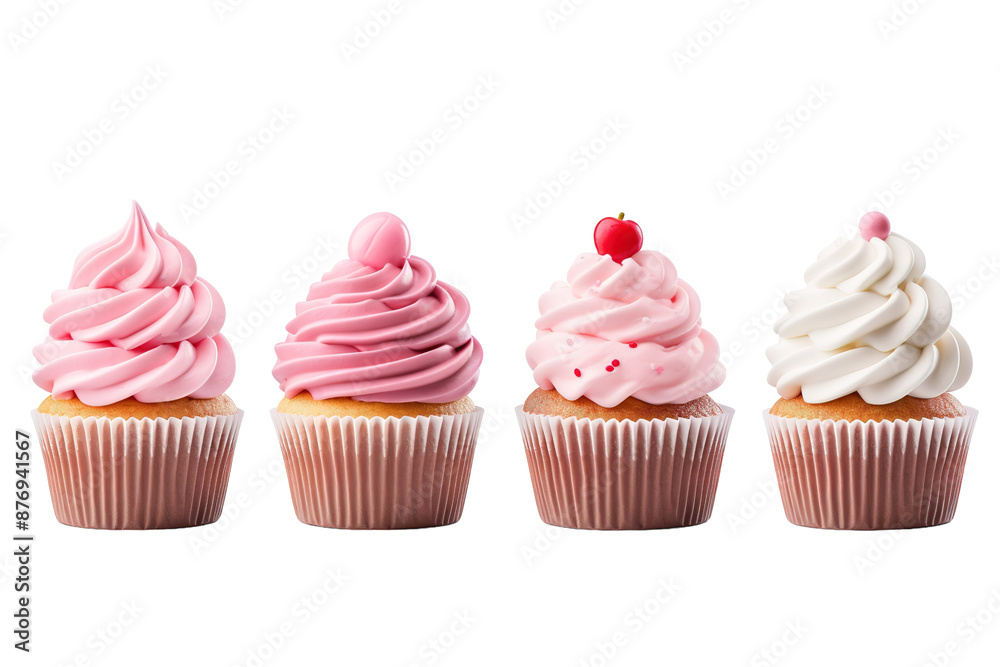 A Row of Delectable Cupcakes With Whimsical Frosting and Toppings on a White or Clear Surface PNG Transparent Background A Row of Delectable Cupcakes With Whimsical Frosting and Toppings on a White or Clear Surface PNG Transparent Background