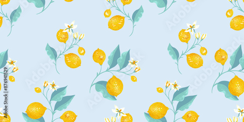 Blooming yellow lemons on branch with leaves scattered randomly on a seamless pattern. Vector hand drawing illustration. Abstract artistic citrus fruit repeated printing on a blue background.