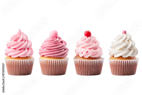 A Row of Delectable Cupcakes With Whimsical Frosting and Toppings on a White or Clear Surface PNG Transparent Background