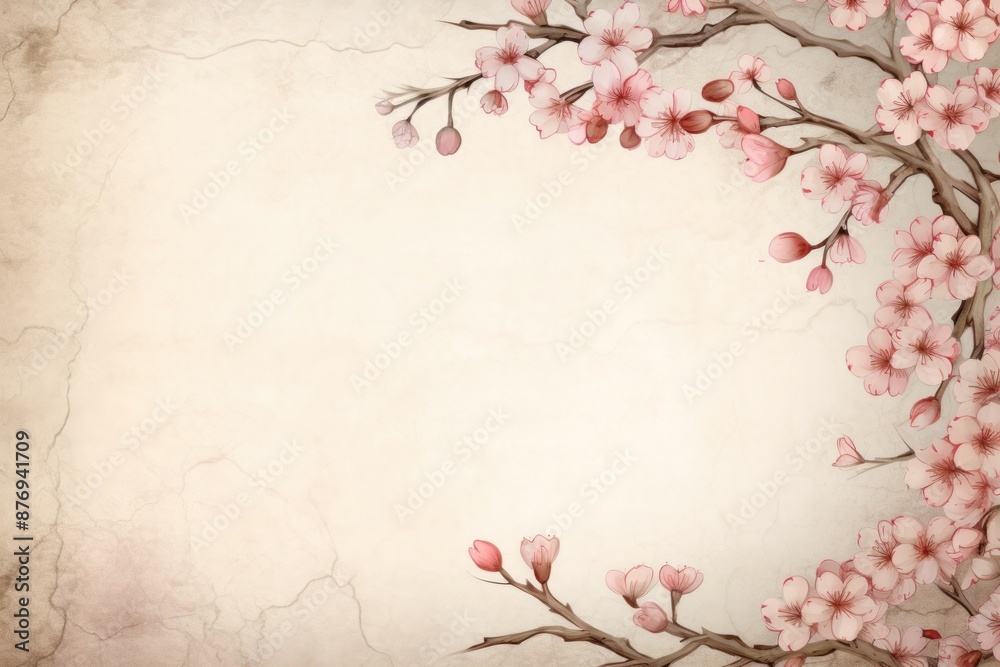 Fototapeta premium Realistic vintage drawing of cherry blossom border backgrounds flower plant.