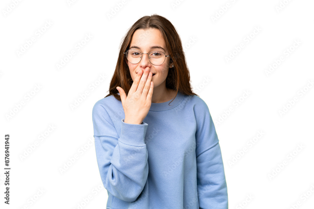 Teenager girl over isolated chroma key background happy and smiling covering mouth with hand Teenager girl over isolated chroma key background happy and smiling covering mouth with hand