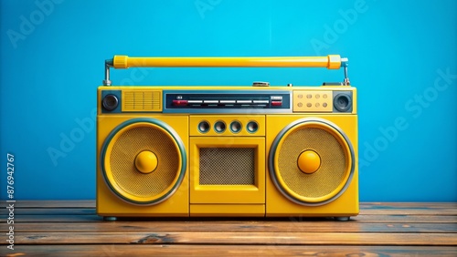 Retro-style yellow boom box with detachable speakers sitting on a wooden table against a bright blue background, awaiting music.