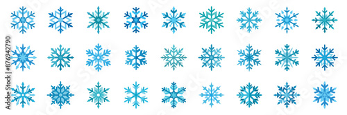 Blue snowflakes icons in various designs and patterns. Vector cartoon illustration set.