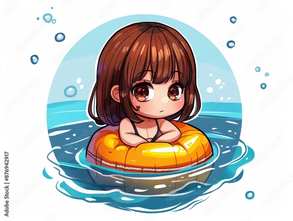 Naklejka premium Adorable Chibi Illustration of a Girl caught in the current on a buoy, in need of rescue.