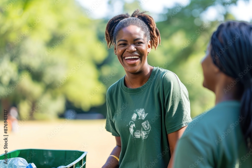 Black woman volunteer staff laughing outdoors holding. Black woman volunteer staff laughing outdoors holding.