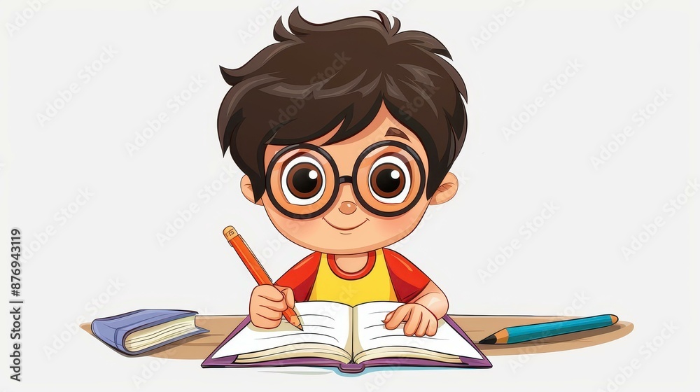 Adorable clipart of a young boy engrossed in studying, perfect for educational projects. Adorable clipart of a young boy engrossed in studying, perfect for educational projects.