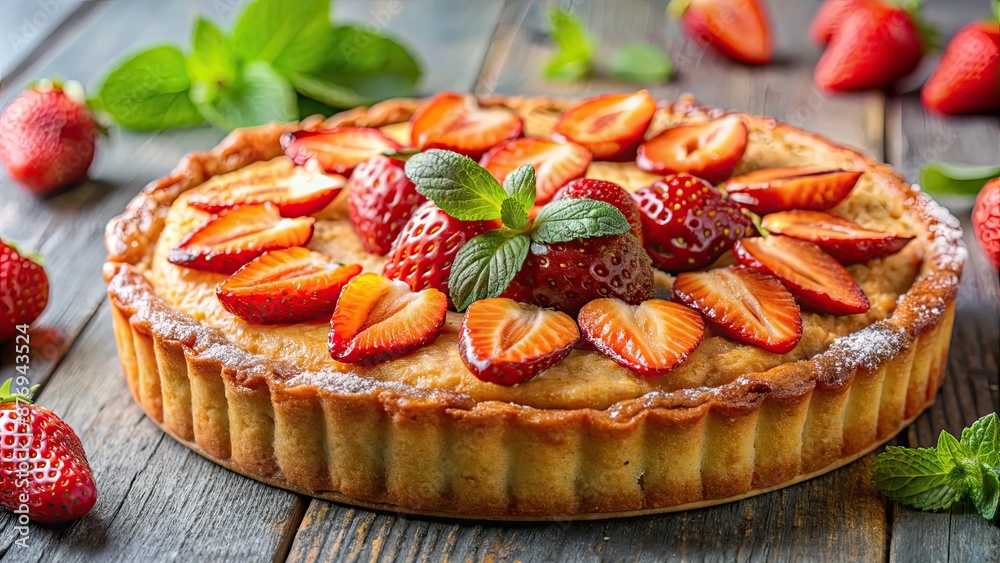 Closeup of a delicious French dessert Amandine with almonds and strawberries, food, dessert, French, almond, strawberry Closeup of a delicious French dessert Amandine with almonds and strawberries, food, dessert, French, almond, strawberry
