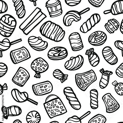 Delightful Candy Pattern, Line Art Vector Illustration in Simple Drawing Style, Featuring White, Black, and Gray Backgrounds, Perfect for Sweet-themed Designs and Festive Decor