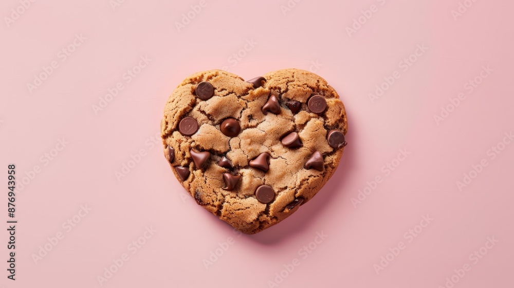 National Chocolate Chip Cookie Day. Heart shaped chocolate chip cookie on a pink background with space for copy for a valentine's day celebration, viewed from above. National Chocolate Chip Cookie Day. Heart shaped chocolate chip cookie on a pink background with space for copy for a valentine's day celebration, viewed from above.