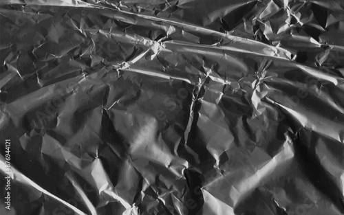 Abstract transparent plastic wrap wrinkled texture on black background. Vector illustration vinyl, texture overlay effect of an old cover with defects and scuffs. Wrinkled, torn and old packaging.