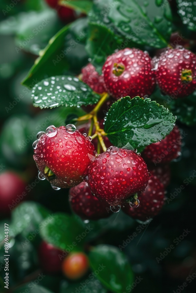 A close-up of rain-drenched berries on a bush in a lush summer garden catches the eye with its vibrant colors and glistening droplets. A close-up of rain-drenched berries on a bush in a lush summer garden catches the eye with its vibrant colors and glistening droplets.