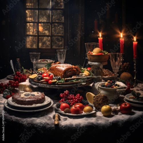 Rustic table decorated with fruits and vegetables. There is a roasted turkey in the middle. Beautiful winter scenery outside the window. Concept of Thanksgiving or Christmas dinner.