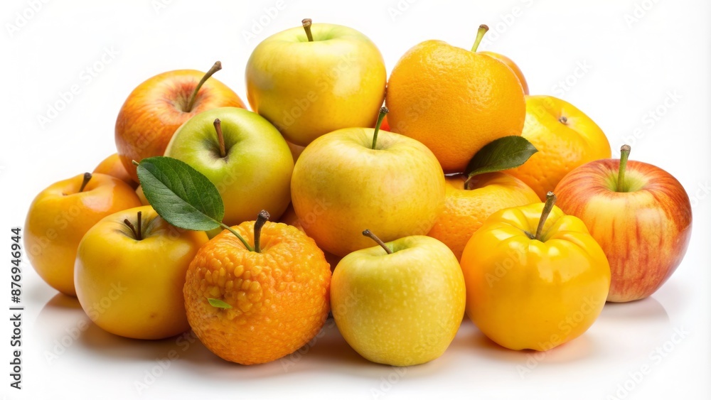 Freshly picked organic yellow apples and oranges arranged artfully on a white background, exuding sweetness and juicy freshness. Freshly picked organic yellow apples and oranges arranged artfully on a white background, exuding sweetness and juicy freshness.