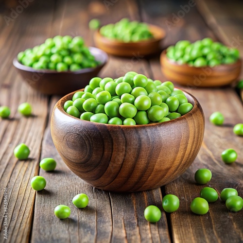Peeled green pea balls in a wooden bowl Scattered peas on the table , green, wooden, balls, Peeled, table photo