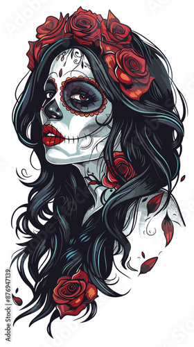 Day of the Dead. Sugar skull woman with roses. Vector illustration.