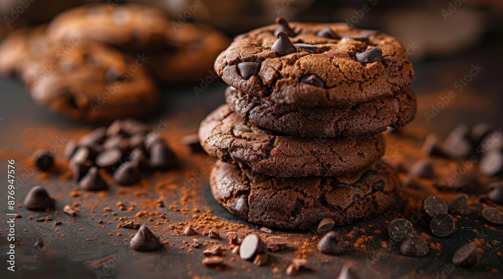 sleepy chocolate cookies with cacao and chocolate chips on dark background, close up, stack of cookies in the background, chocolate pieces scattered around, food photography, product shot