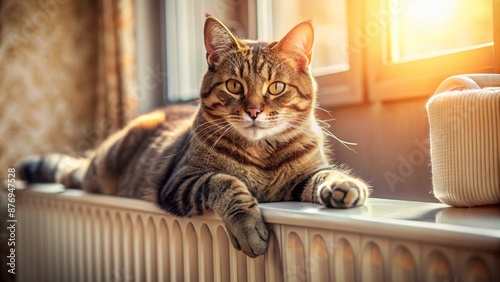 Cozy domestic tabby cat stretches languidly on warm radiator, basking in comforting heat, surrounded by serene, clutter-free environment. photo